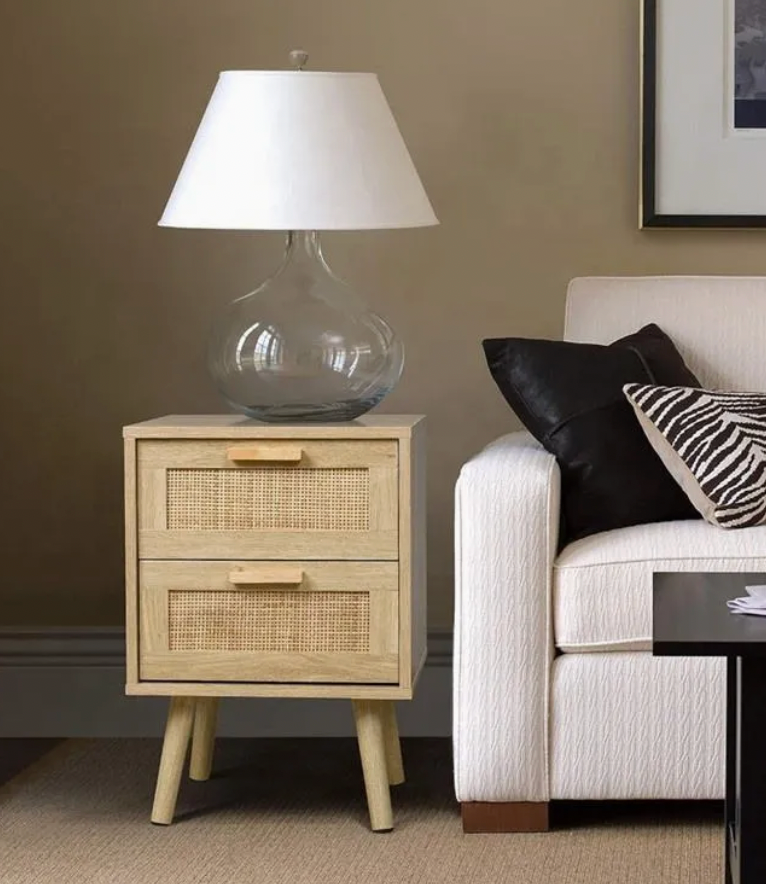 Rustic Natural Wood Nightstand with Rattan Drawer